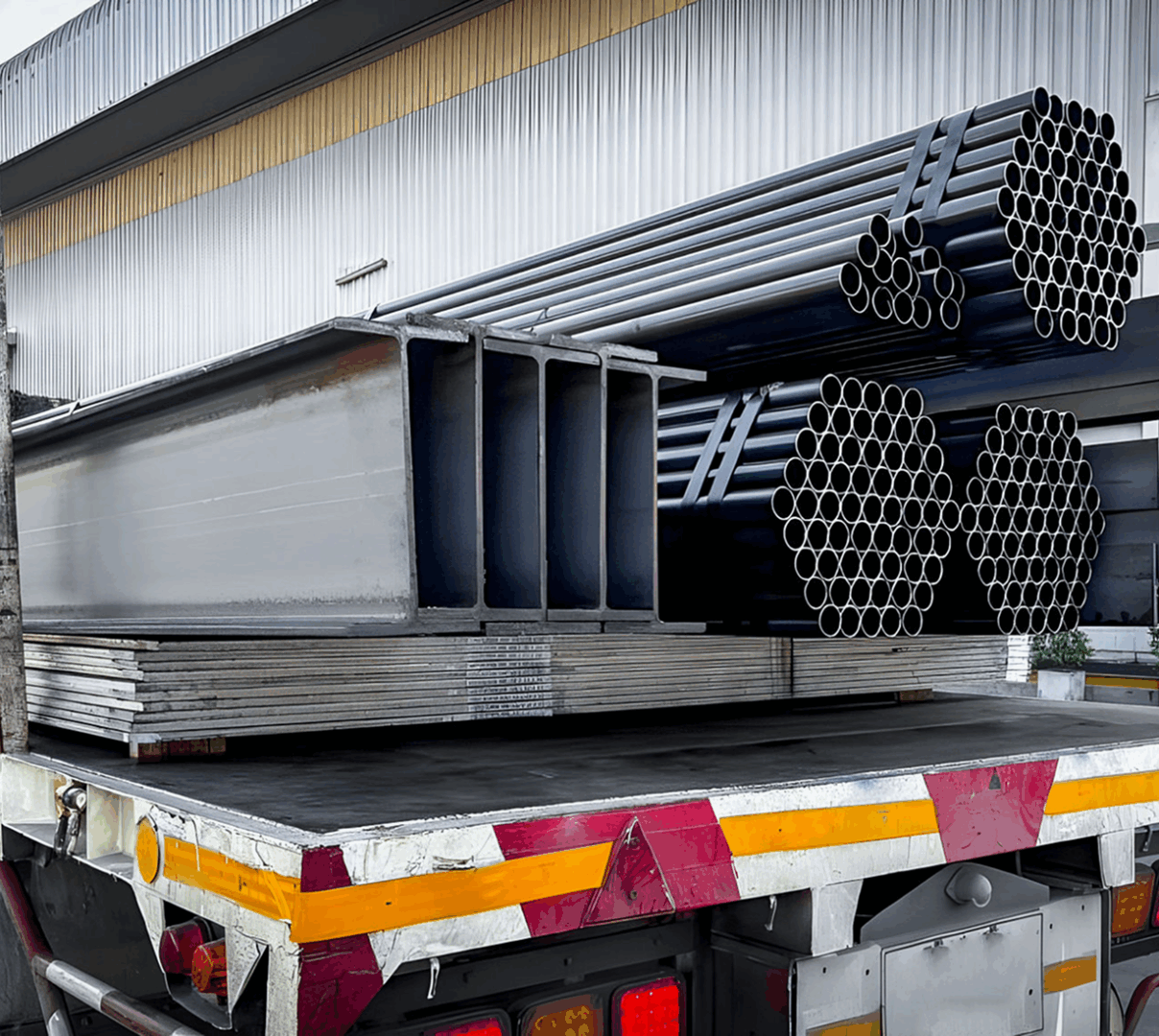 Truck loaded with metal beams and pipes.