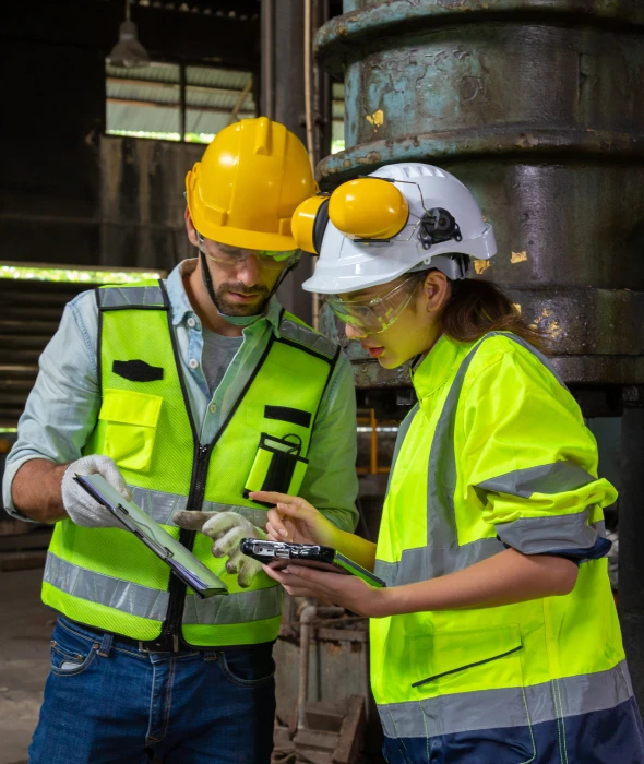 Two workers discussing in industrial setting.